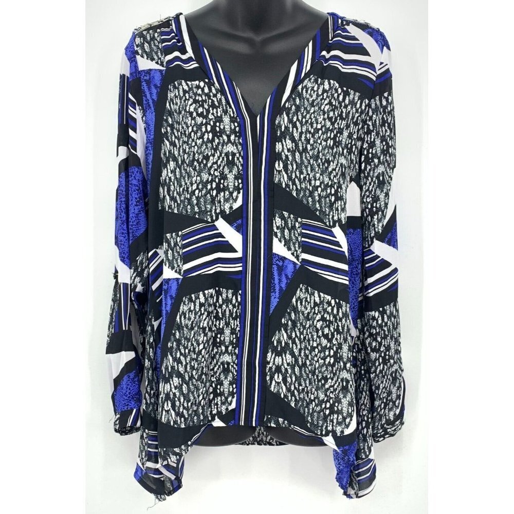 NY Collection Women Top Size Medium Blue Gray Long Sleeve V Neck Workwear Blouse